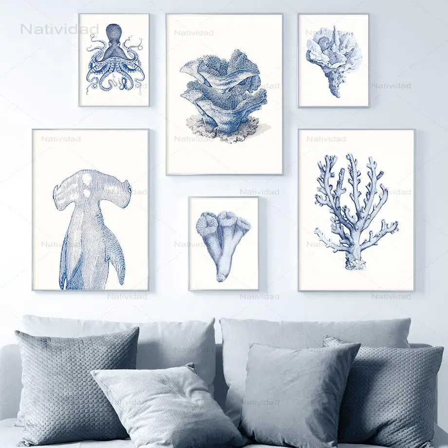 

Винтажная Картина на холсте, постеры в скандинавском стиле с изображением древнего коралла, морской рыбы, осьминога, дерева, для украшения г...