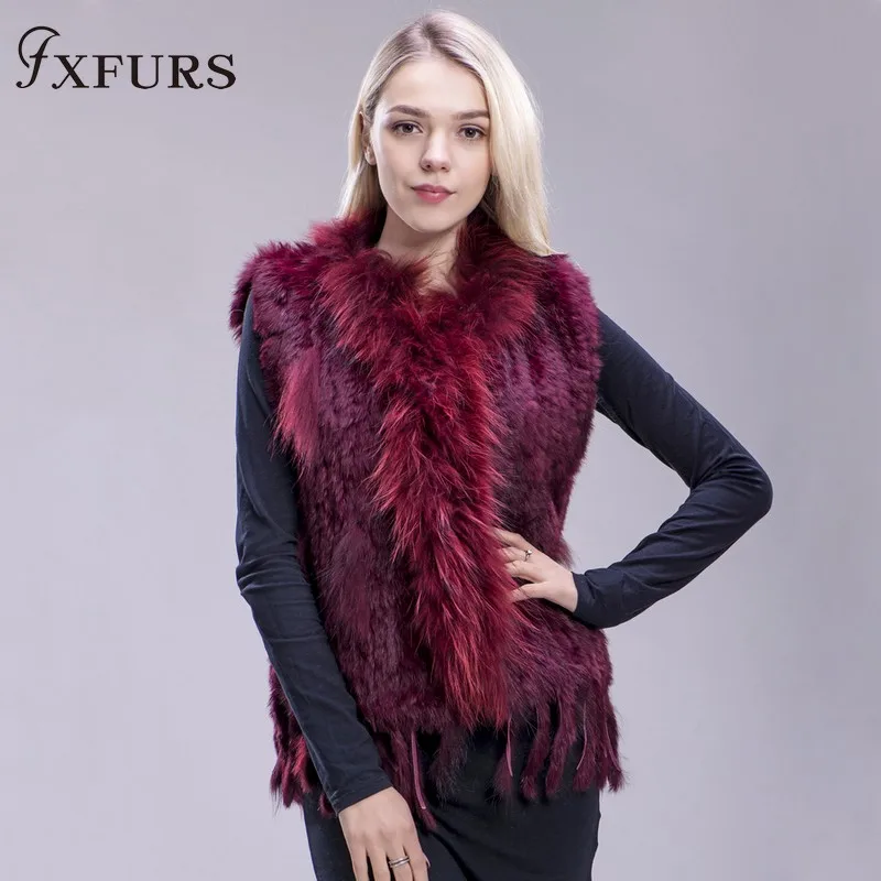FXFURS из натурального кроличьего меха; вязаная жилетка; куртка из искусственного меха, красочные кролика, енота меховая вязаная жилетка 16 Цвета - Цвет: wine red