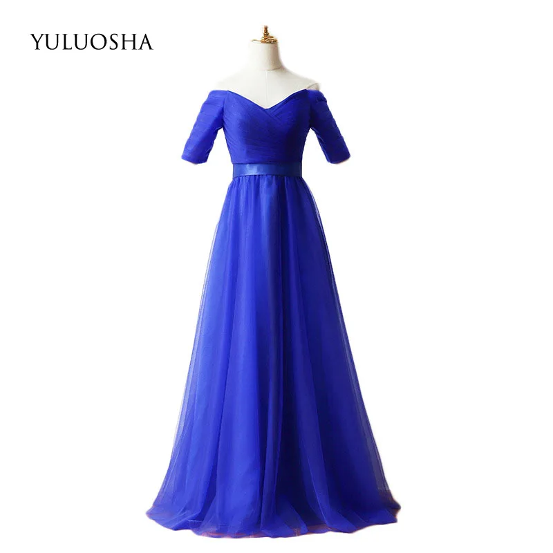 

YULUOSHA Evening Dresses Long V-Neck Draped Floor-Length A-Line Off The Shoulder Royal Blue Dress Vestidos De Fiesta De Noche