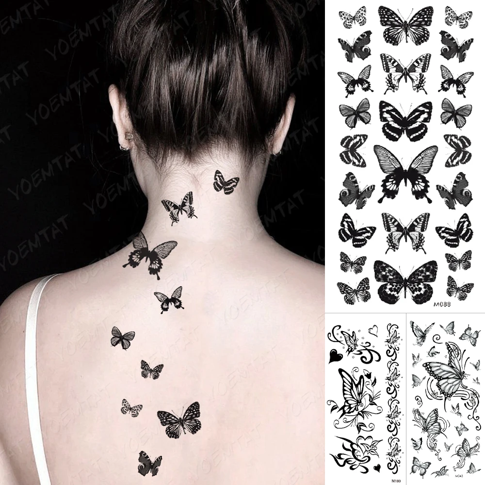 

Butterfly Waterproof Temporary Tattoo Stickers Moth Rose Flower Dark Flash Tatto Women Sexy Body Art Arm Neck Fake Tattoos Men