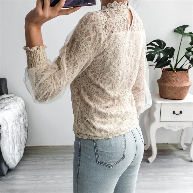 

2021 Hot-sale Lace Women T-shirts Spring New Fashion Casual Mesh Patchwork O-neck Slim Tops
