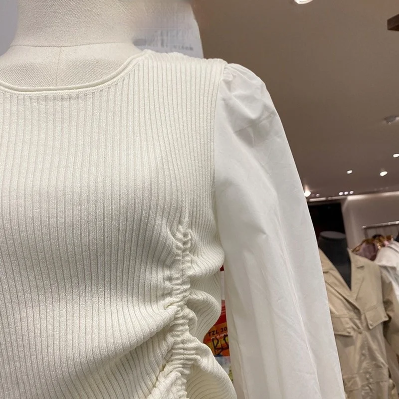 

Spring Long Sleeve Patchwork Knit Blouses Woman Shirts Simple O-neck Blusa Mujer Chic Drawstring Design Women Knitted Tops