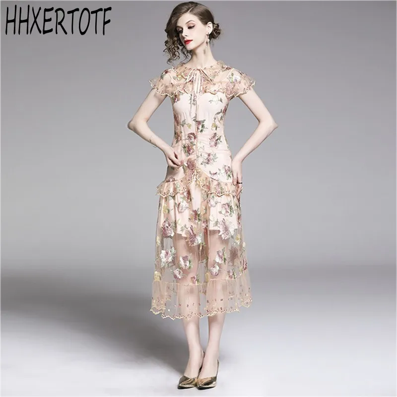 Летнее элегантное Сетчатое платье с цветочной вышивкой 2020 женские облегающие