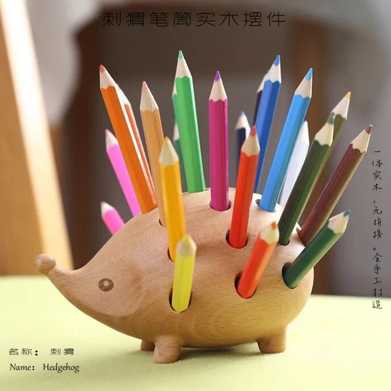

Nordic Arts and Crafts Studio Decoration Children's Penholder Solid Wood Carving Hedgehog Decoration Small Gift