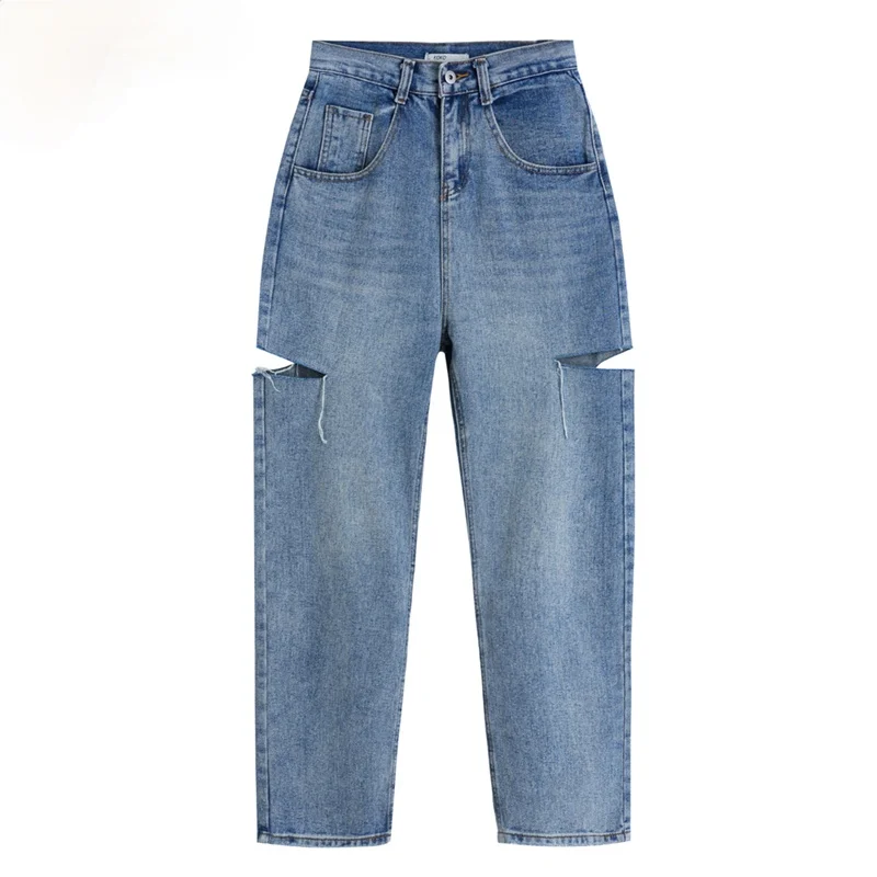 

High Waist Women Ripped Jeans Straight Casual Streetwear 2021 Spring New Fashion Iong Pants Baggy Blue Versatile Denim Trouser