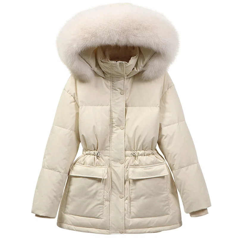 

Женский пуховик с меховым капюшоном, утепленная куртка на белом утином пуху с поясом на завязках, модель 2020 в Корейском стиле на зиму, 90%