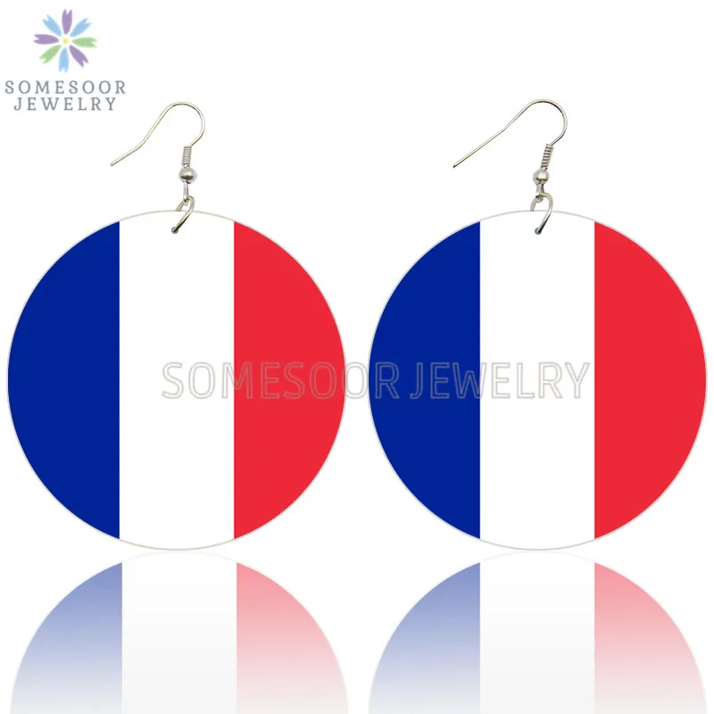 SOMESOOR French Republic Colors Wooden Drop Earrings France National Flag Design Printed Patriotic Wood Ear Loops For Women Gift  - buy with discount