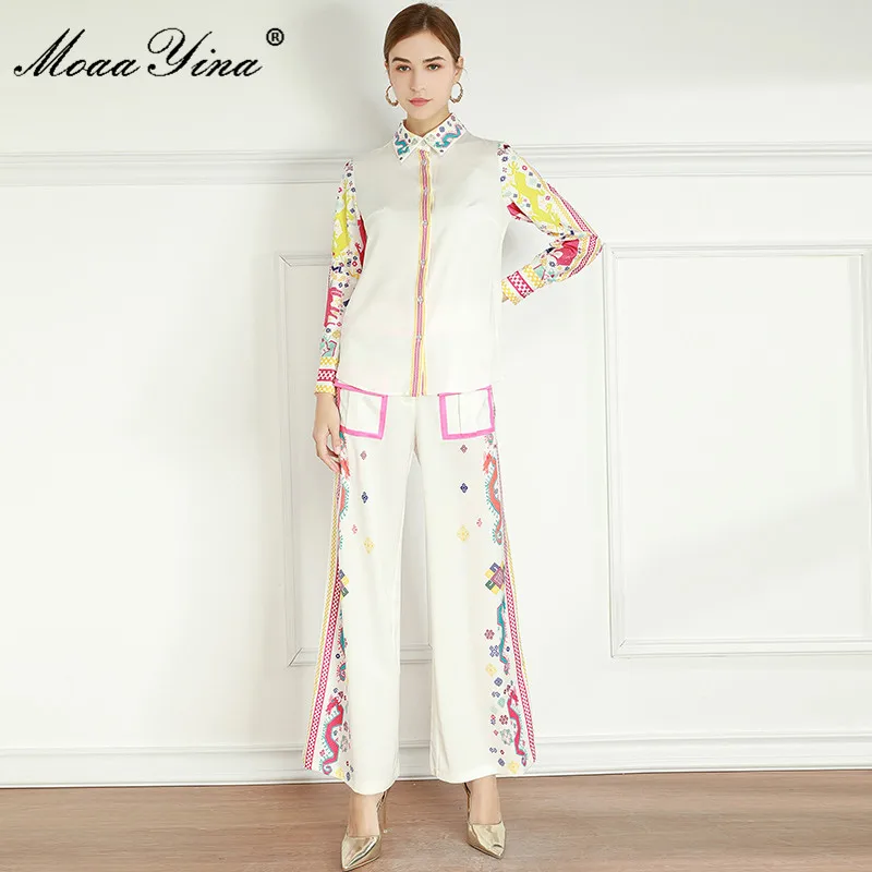 MoaaYina Fashion Designer Set Spring Women's Long sleeve Blouses Tops+Bell-bottoms Indie Folk Print Two-piece suit
