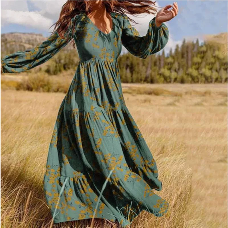 

Summer V Neck Floral Long Dress Pleated Ruffle Women's Dresses Party Elegant Sexy Girl Bodycon Casual Clothing