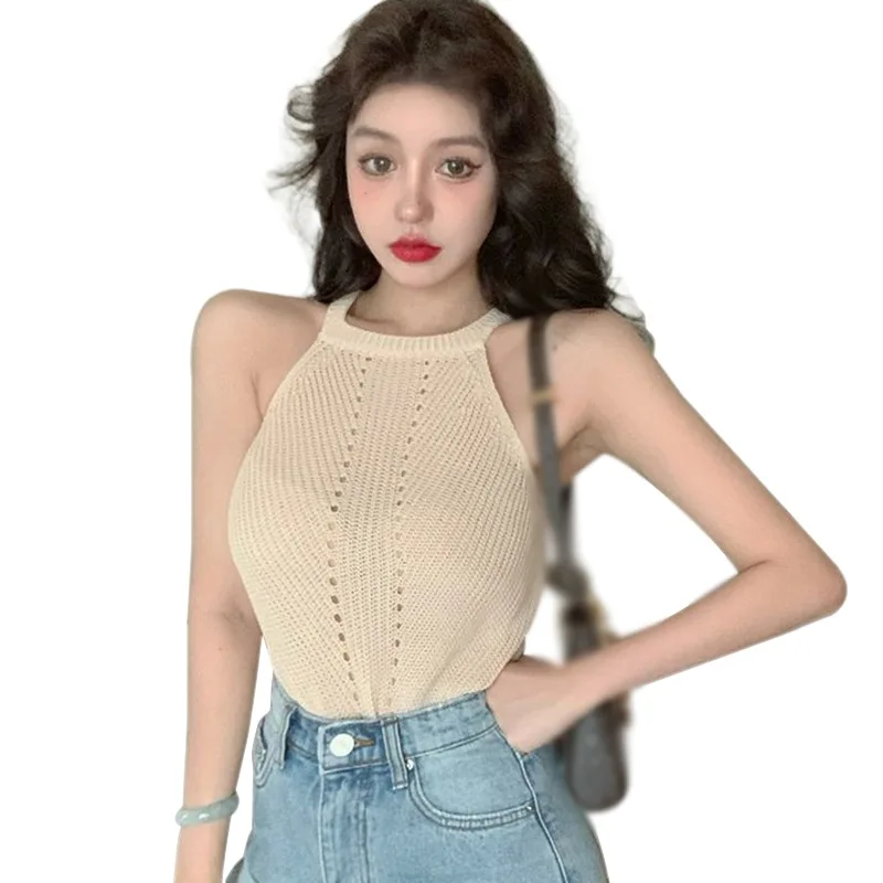 

Женские однотонные Цвет с лямкой на шее, без рукавов, тонкое, вязальные майки, топы летние пикантные камзол жилет на бретелях