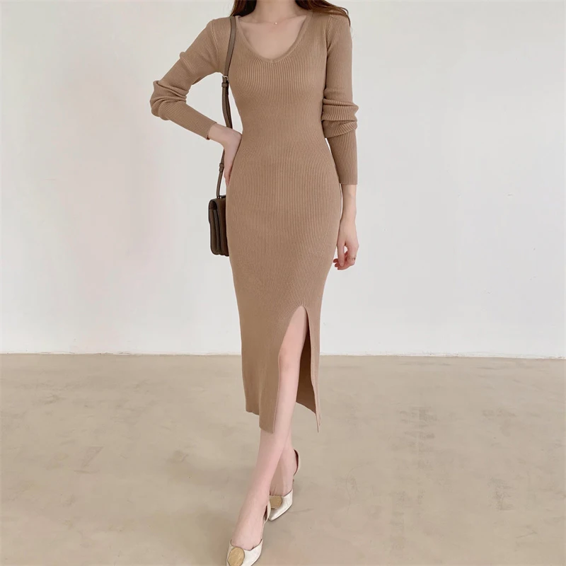 

Autumn Women Long Sleeve Knitted Midi Dresses V Neck Fashion Korean Split Sweater A-Line Vestido Bodycon Slim Vintage Dress