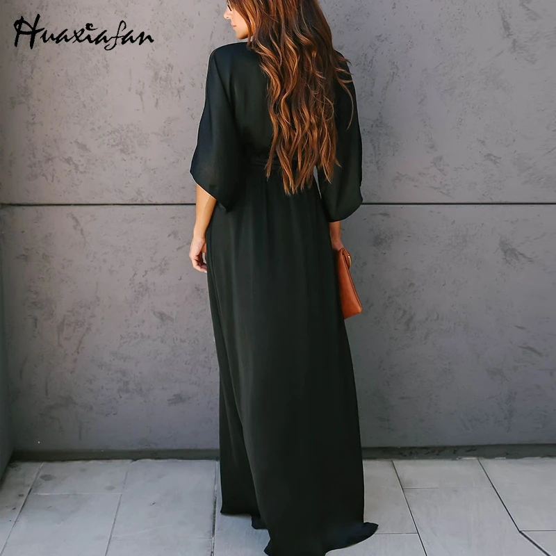 Huaxiafan maxi dresses women solid long dress elagant party belt split autumn sexy v neck female vintage vestidos 2019 | Женская одежда