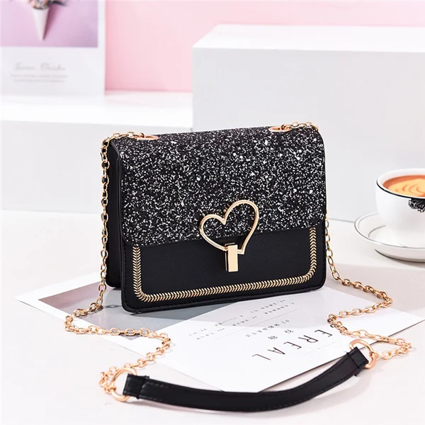 

Trendy Sequin Pu Leather Female Bag with Metal Love Shape Lock Girls Chain Messenger Shoulder Bag Small Flap Purse New Arrival