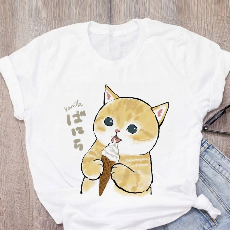 

ZOGANKIN Unisex Summer Fashion Short Sleeve Tshirts Cute Cartoon Cat Graphic Printed Women T-shirt Girls Harajuku Tops Tee