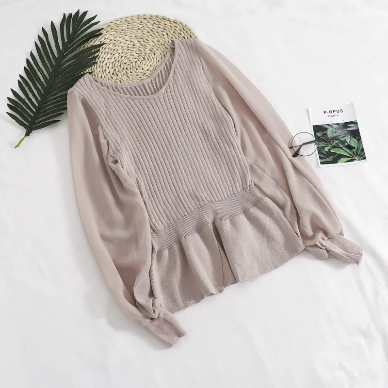 JoinYouth Sweet Solid Women Sweaters Ruffles Chiffon Patchwork Short Pullovers Fashion 2020 Autumn Female V Neck Pull Femme J262 | Женская