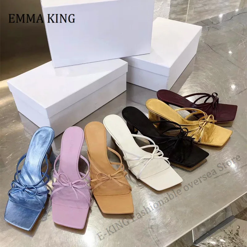 

2020 Women Bowtie Knot Strappy Slippers Brand Design Chunky 6cm Heels Flip Flops Nature Leather Dress Beach zapatos mujer Shoes