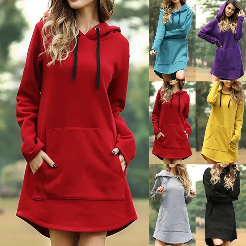 

Leosoxs Spring Autumn Solid Women's Sweatshirt Dress 2020 Fashion Loose Hooded Pocket Drawstring Ladies Dress Vestidos Plus Size