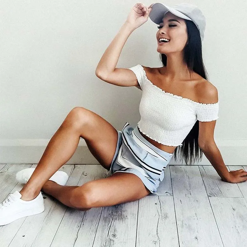 Женские сексуальные топы с открытыми плечами черные белые розовые летние