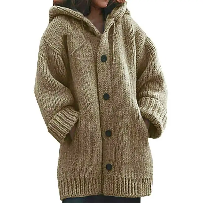 

Women Long Sleeve Chunky Knitted Sweater Hooded Button Jacket Outwear Coat Top