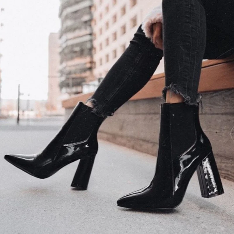 

comemore Thick mid High Heels Women Ankle Boots Square Toe Zip Footwear PU Patent Leather Female Boot Shoes Woman 2021 New Black