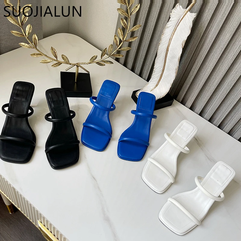 

SUOJIALUN 2022 Fashion Blue New Women Slipper Brand Summer Narrow Band Ladies Sandal Shoes Thin High Heel Outdoor Beach Slides
