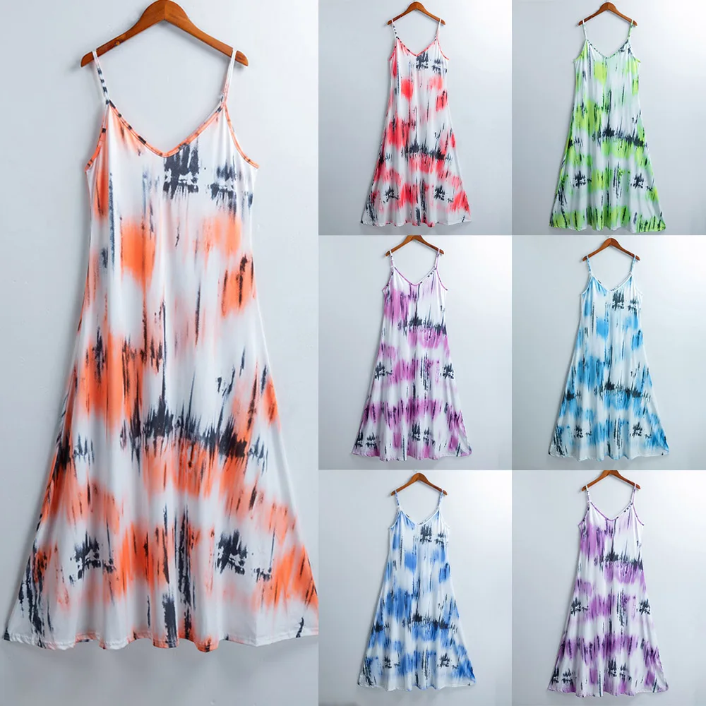 

Summer Women Maxi Long Dress Plus Size Sleeveless V Neck Print Spaghetti Shoulder Straps Boho Holiday Beach Sling Dresses