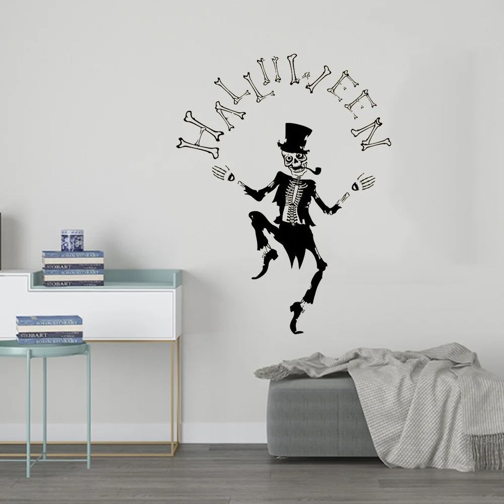 Pegatina de pared de Halloween, calcomanías de vinilo de esqueleto de mago bailando para sala de estar y tienda, decoración de Festival, papel tapiz, póster