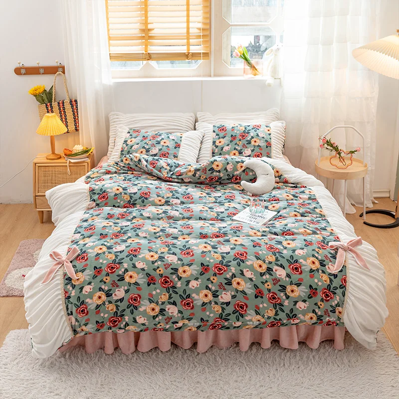 

Winter Velvet Fleece Bubble Ruffles Bow Princess Bedding Set Single Queen King Quilt/Duvet Cover Bed Skirt Bed Linen Pillowcases