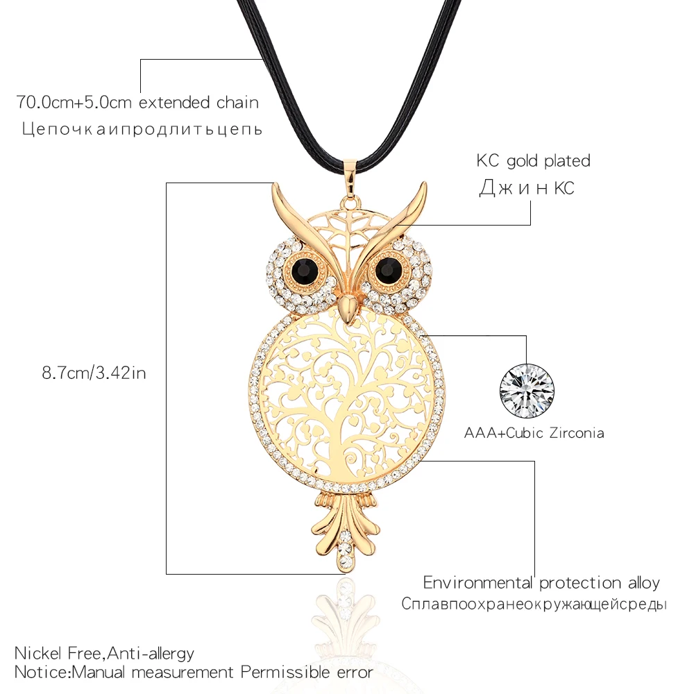 Big Owl Long Necklace Women Crystal Bijoux Tree Of Life Gold Color Leather Chain Necklaces Pendants Fashion Jewelry |