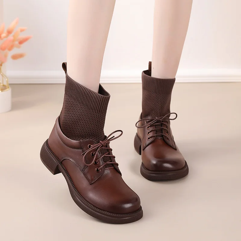 

Retro Socks Boots Genuine Cow Leather Shoes Platform Shoes High-quality Fall Winter Booties Motorcycle Boots Botas De Mujer New