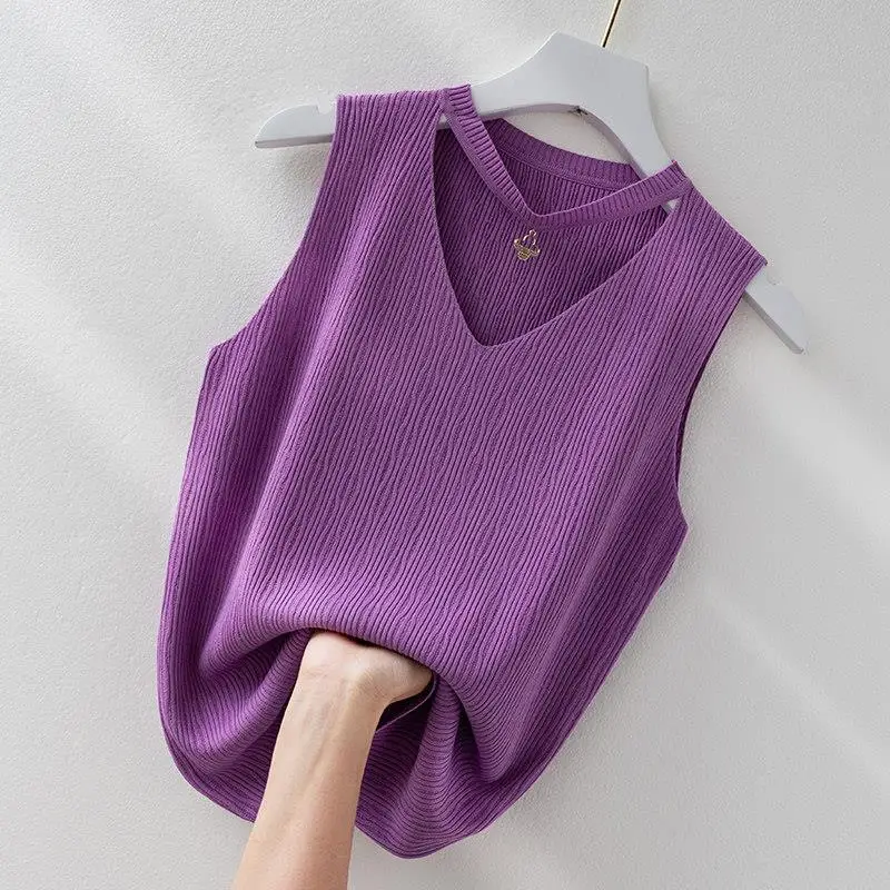

Women 2021 Summer Fashion Solid Color Thin Vest Tops Female Sexy Ice Silk Knitted Vest Tops Ladies Slim Sleeveless Tops L224