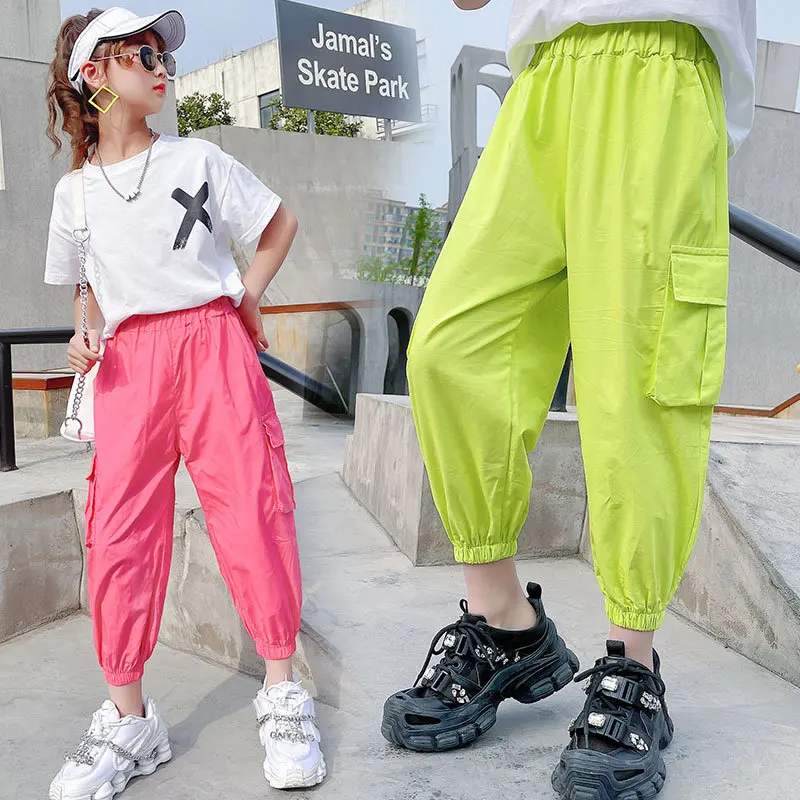 

Girls Running Casual Pants Wide Fashion Fluorescent Green Pink Sports Cargo Pants Streetwear Summer Teens Ankle Length Trousers