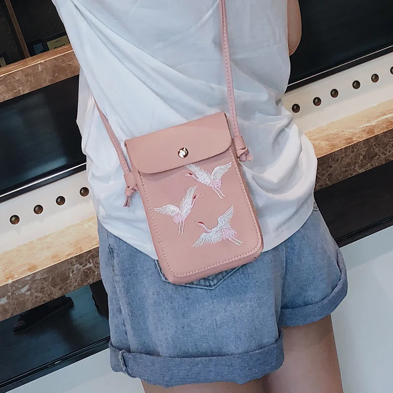 Модные сумки с вышивкой птиц для мобильных телефонов женские маленькие