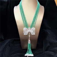 hand knotted multilayer noble white natural freshwater pearl green stone micro inlay zircon tassel necklace fashion jewelry