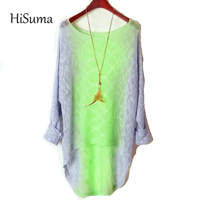HISUMA Autumn New women's O-neck Neon Color Block Bat sleeve Knitted Dovetail Pullovers fairy Basic Sweater | Женская одежда