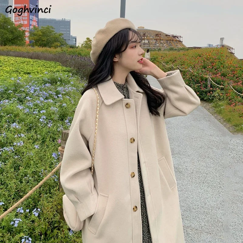 

Wool Women Turn-down Collar Button Fly Woolen Coats Womens Cold-resistant Warm Thicker Blends Ladies Chic Ins Fashion All-match