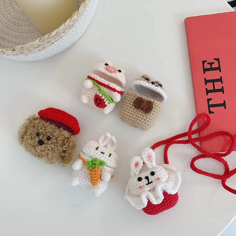 3D милый чехол для наушников Airpods, чехол с рисунком из мультфильма, вязаный плюшевый чехол для Apple Airpods, 2 чехла, аксессуары для наушников с плюшевой собачкой и кроликом