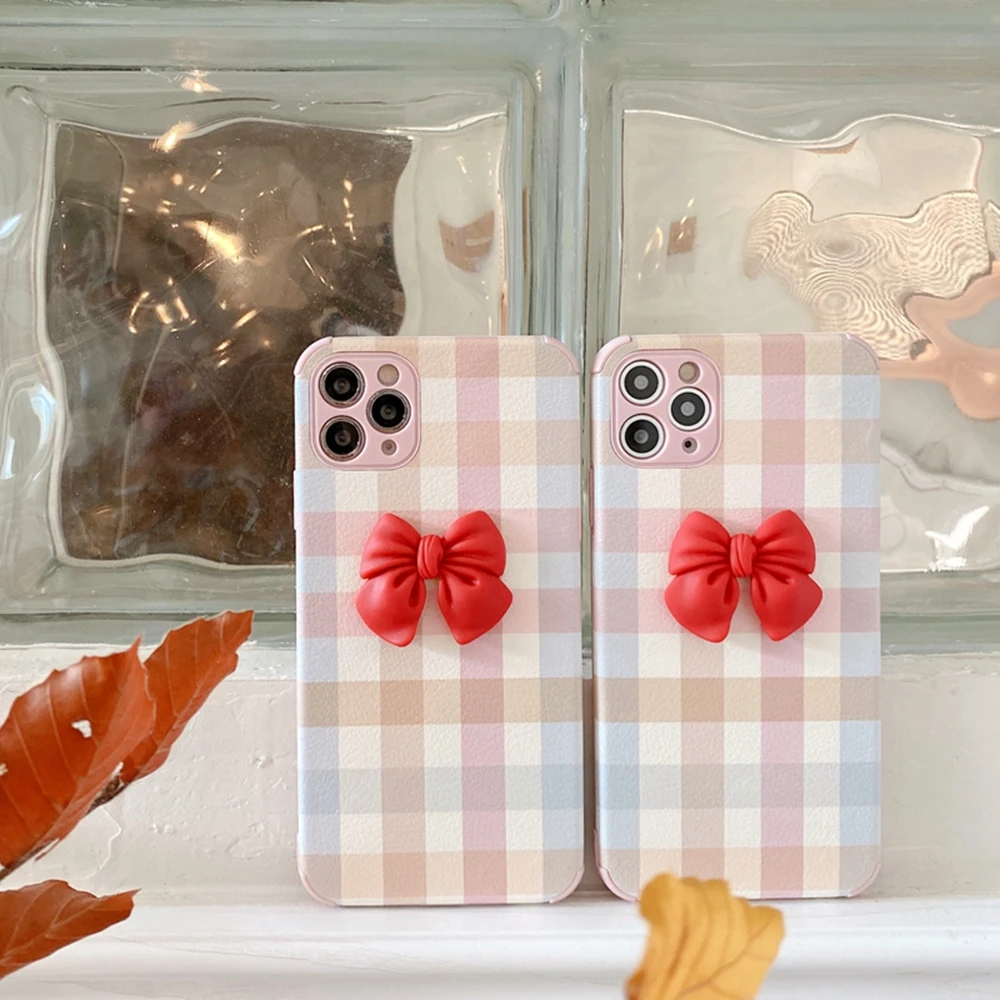 

For iPhone 11 12 Pro Mini Case Luxury Plaid Bowknot Full Protection Soft Cover For iPhone X XR 11 XS Max 7 8 6 6s SE Phone Case