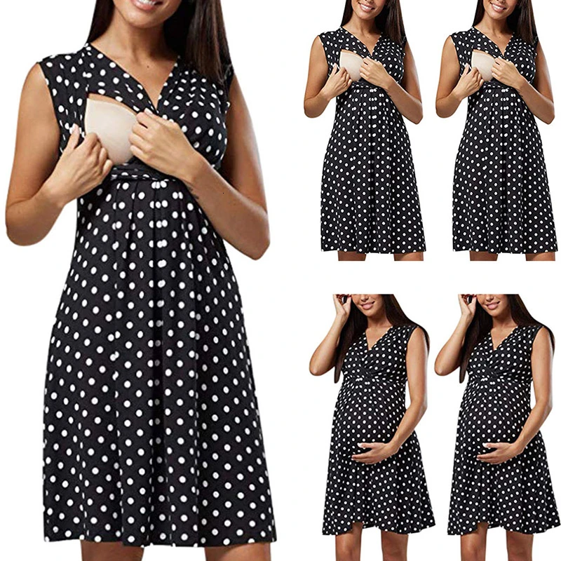 Летнее платье без рукавов для грудного вскармливания в горошек беременных с