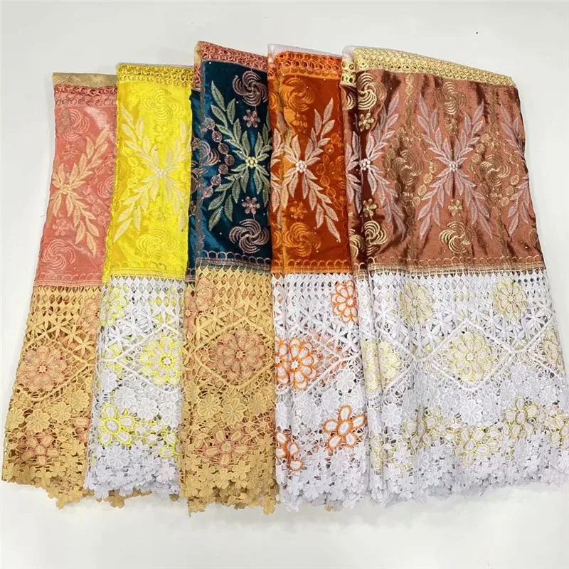 

blue Latest Cotton African Nigerian Lace Fabric High Quality Water soluble Lace In velvet stones For Everyone Daily Cloths Sew