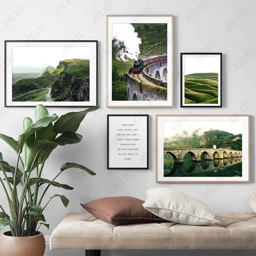 

Green Forest Canvas Painting Nature Mountain Train Bridge Poster Nordic Art Print and Wallpaper Picture Craft Decoration Home