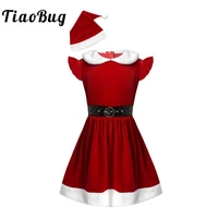 kids girls christmas costume holiday fancy cosplay party xmas elf outfit sleeveless red velvet dress with hat and waistband sets