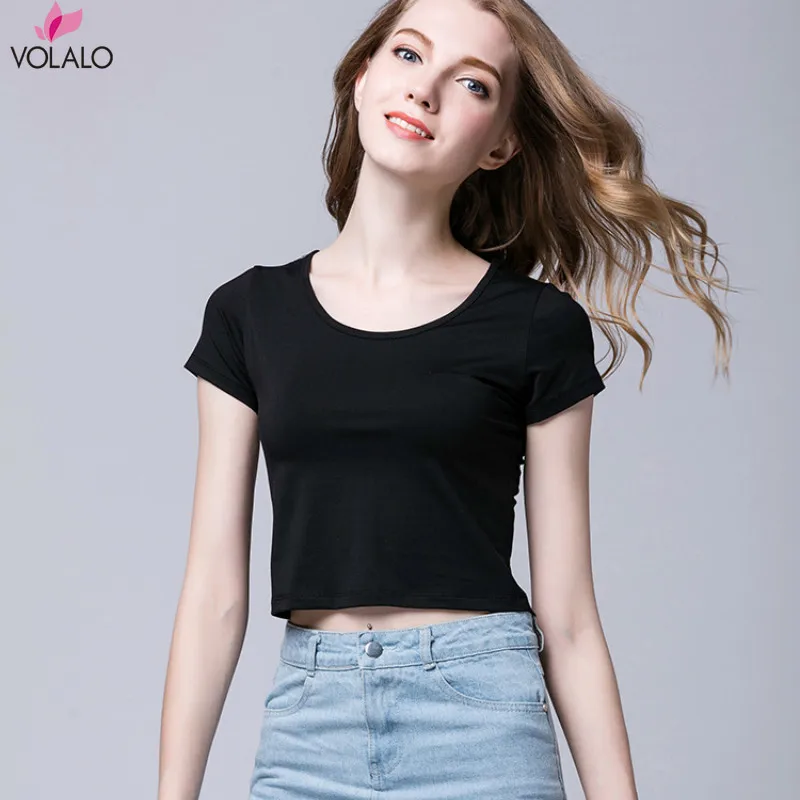 

Женская модная однотонная ультракороткая эластичная облегающая женская Повседневная футболка в стиле хип-хоп с коротким рукавом женские т...