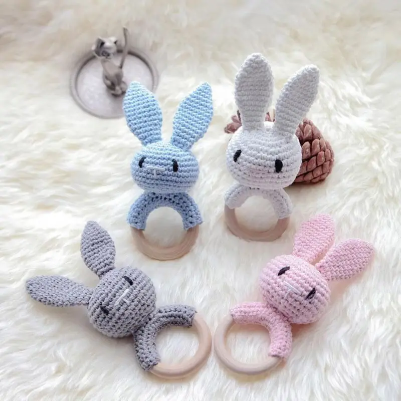 

Baby Wood Teether Ring DIY Crochet Bunny Rattle Soother Bracelet Teething Molar for photography props baby shower gifts