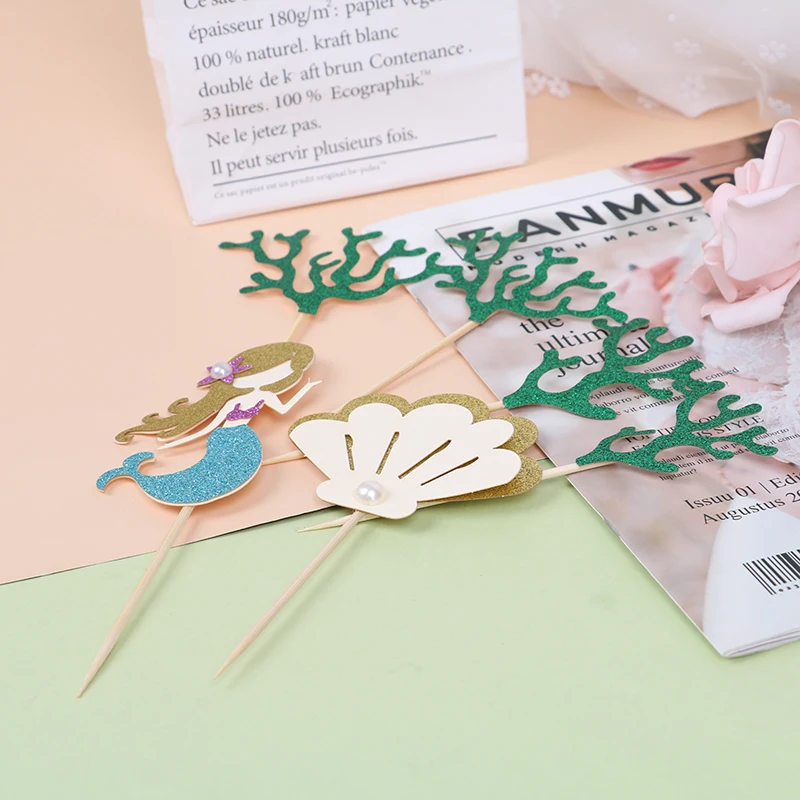 

6pcs/set Blue Fishtail Cake Topper For Children's Day Party Supplies Birthday Dessert Cute Mermaid Decorations Laser