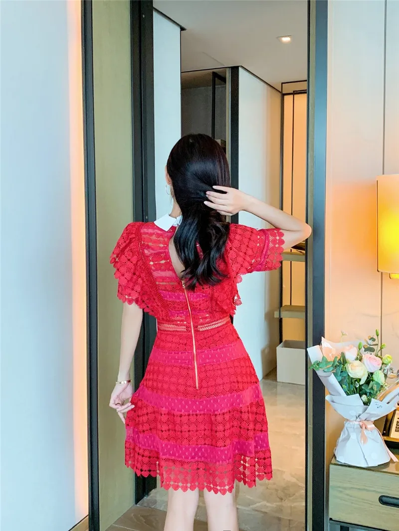 Женское Сетчатое платье в стиле пэчворк модельное ажурное с отложным воротником