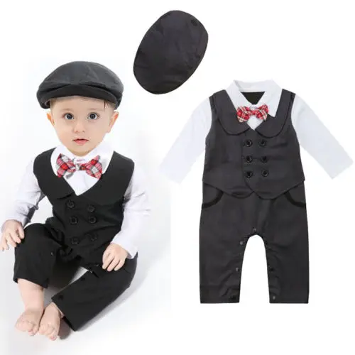 

Newborn Infant Baby Boys Romper Formal Suit Party Wedding Tuxedo Gentleman Set Double Breasted Jumpsuit Hats Set Outfit 0-24M