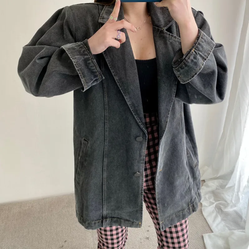 

Hzirip 2021 Autumn Female Denim Jacket Hot Solid Color Chic Fashion All-Match New Two Button Vintage Loose Notched Women Coat