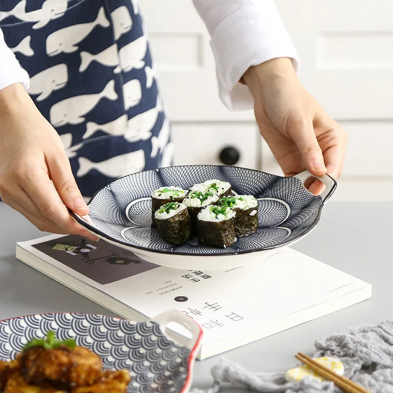 1 шт. в японском стиле, двойная ручка, керамическая десертная тарелка, тарелка, круглая, Скандинавская простая Бытовая тарелка для еды, украшение дома, Ресторан