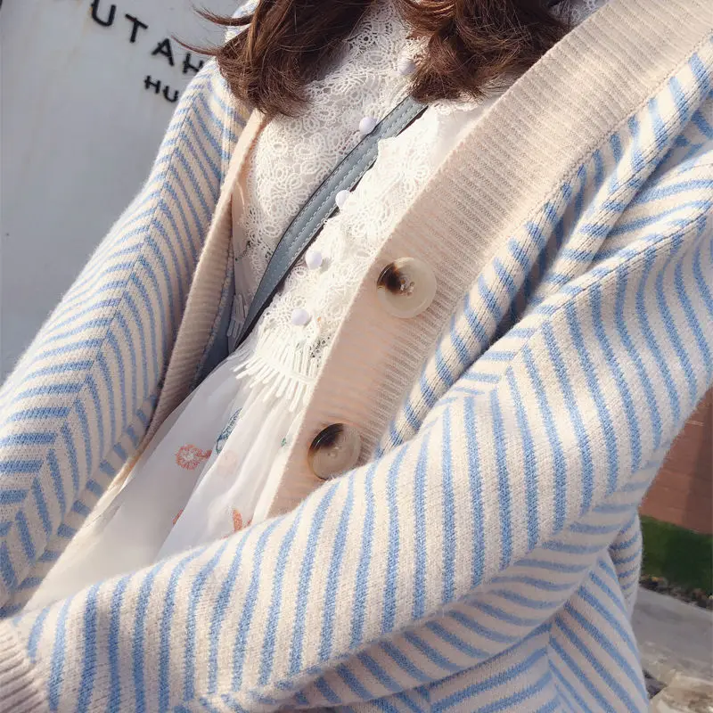

2021 Women Autumn Spring V-Neck Knitted Striped Women Sweaters Coat Cardigans Long Sleeve Women Poncho Sweaters Pull Femme Tops
